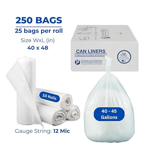 Inteplast Group S404812N 40-45 Gallon Capacity, 48" Length x 40" Width x 12 Mic Thickness, Natural Color, HDPE Commercial Coreless Institutional Trash Can Liner (Case of 10 Roll, 25 Bags per Roll)