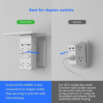 Wall Outlet Extender with Shelf and Night Light, Surge Protector with 3 USB Ports (2A+1C) and 6 AC Outlets, Multi Plug Power Strip Electric Outlet Splitter for Home and Office Use, White
