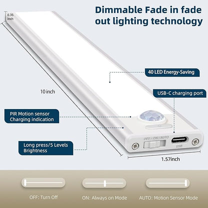10inch Under Cabinet Lighting, 4 Pack Rechargeable Motion Sensor Light Indoor, Wireless Dimmable Magnetic Closet Lights, 40 LED Under Counter Lights for Kitchen, Wardrobe, Stairs, White Light