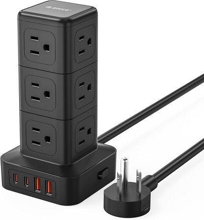 ORICO Tower Power Strip with Surge Protection, Charging Station Tower with 12 AC Outlets 4 USB Ports (2 USB C), Space Saving Design, 5FT Tower Extension Cord for Home, Office, Dorm - TPP20