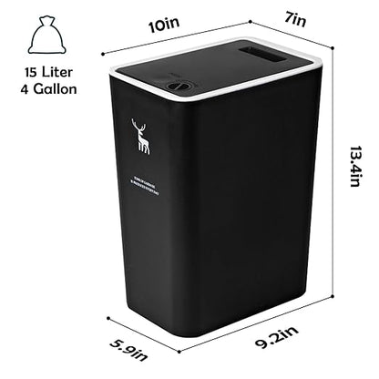 XPIY Trash Can with Lid, 2 Pack 4 Gallons/15 Liters Garbage Can with Press Top, Small Trash Can Dog Proof, Plastic Trash Bin, Waste Basket for Bathroom|Kitchen|Bedroom|Office (2, Black)