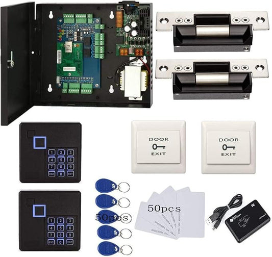 IP Based 2 Doors Access Control Kit North American Strike Lock Keypad Reader Smart Keyless Lock System 110V Power Supply Box Phone APP Remote Open Door