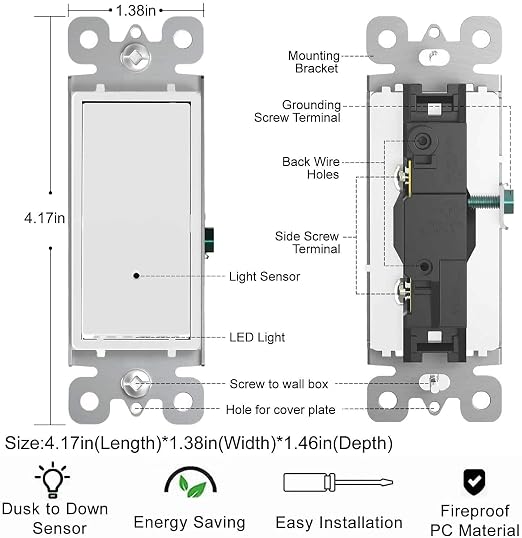 10 Pack SOZULAMP Light Switch with LED Night Light 15Amp 120/277Volt Rocker Single Pole Wall Switch, Automatic On/Off Sensor