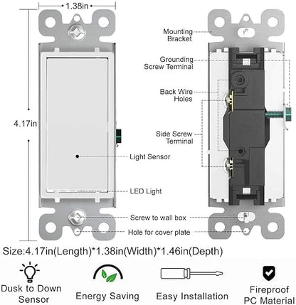 10 Pack SOZULAMP Light Switch with LED Night Light 15Amp 120/277Volt Rocker Single Pole Wall Switch, Automatic On/Off Sensor