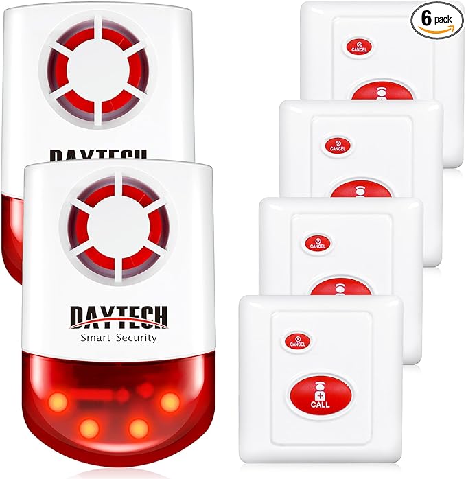 Daytech Strobe Siren Panic Alarm Button Siren Alarm with Light for Home Caring Loud Outdoor SOS Alert System 2 Red Flashing Siren and 4 Emergency Button for Store Hotel Jewelry Shop Security
