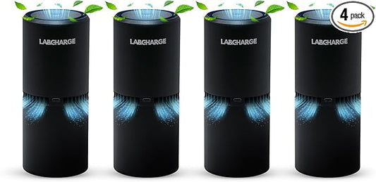 Lab Charge Small Ionic Air Purifier for Home & Bedroom – Silent HEPA Filter – Covers 250 Sq Ft - Free Cleaner – Compact & Black Design - Pack of 4