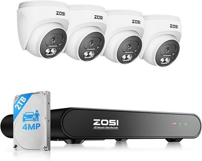 ZOSI C220 8CH 4MP QHD 2.5K PoE Home Security Camera System, 8CH 5MP 3K NVR with 2TB HDD for 24/7 Record, 4 x 4MP(1440p) Dome IP Cameras Outdoor Indoor, Smart AI Human Detection, Two-Way Audio
