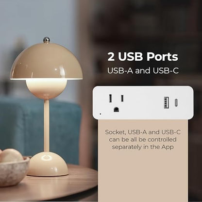 SmartHub 15A 1800W Non-Dimmable Single Outlet with USB-C and USB-A Smart Plug in White Works with iOS or Android APP