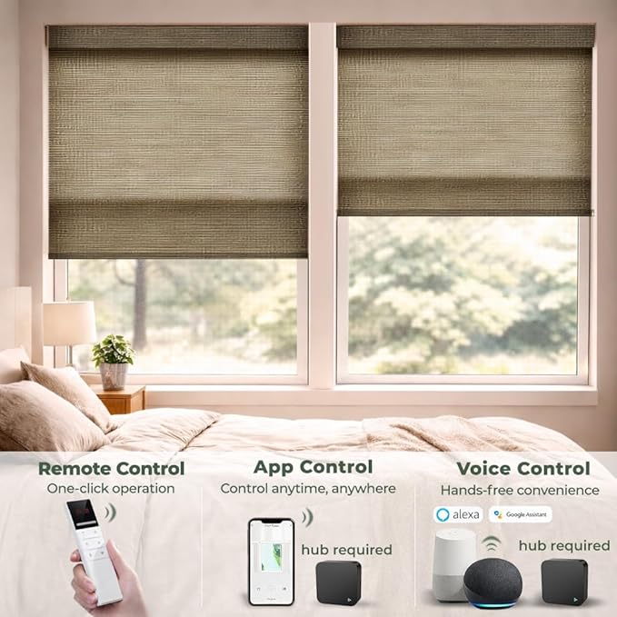 ZSHINE Motorized Linen-Look Roller Shades for Windows, Rechargeable Smart Light Filtering Blinds Compatible with Alexa (82189D)