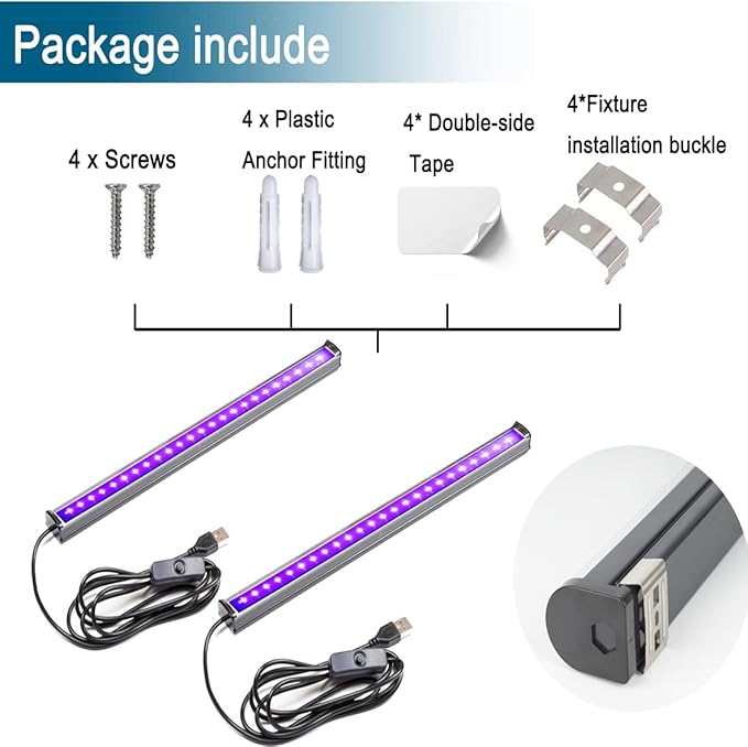 Black Light Bar, 1ft USB UV Black Light Fixture for Fluorescent Tapestry, Body Paint, Halloween, Christmas - 2-Pack with On/Off Switch