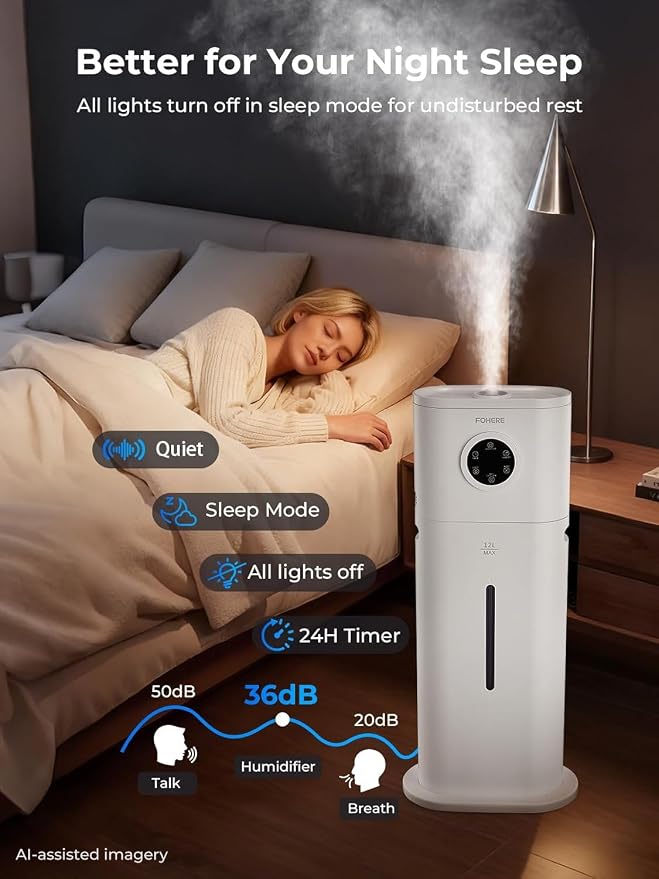 FOHERE 12L Humidifier for Large Room 1000ft², 120H Runtime, 1000ml/h Mist