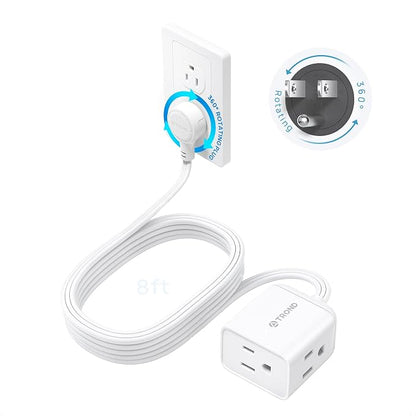 TROND 360 Rotating Flat Plug Extension Cord 8ft, 3 AC, ETL Listed, White