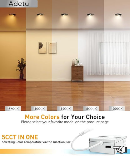 Adetu Recessed Lighting 6 inch, 360°+90° Adjustable Directional 6 inch 5CCT Gimbal Black Led Recessed Lighting, 2700K-5000K Dimmable Retrofit Eyeball Can Recessed Lights with Jbox, ET，Black (6 Pack