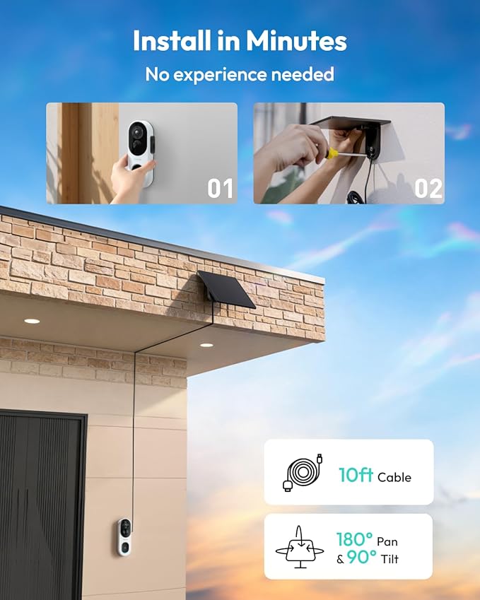 BOTSLAB 2K Doorbell Camera Wireless with Solar Panel, Nonstop Power Video Doorbell with Head-to-Toe View, No Monthly Fee, 2-Way Audio, Human Detection, 5200mAh Battery, 2.4Ghz WiFi
