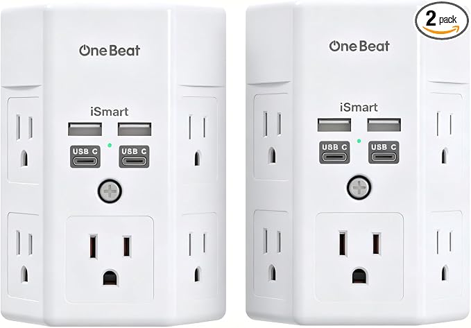 One Beat Surge Protector Wall Outlet Extender, 2 Pack 5 Outlets & 4 USB Ports (2 USB-C), 1680J, 3-Sided Multi Plug Outlet Adapter, Outlet Splitter, Wall Mount, ETL Listed for Home Office Travel-White