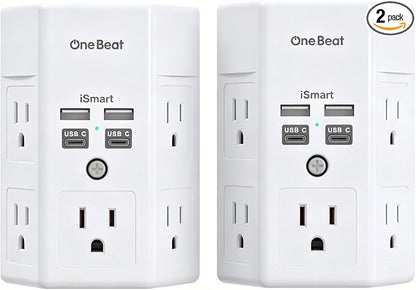 One Beat Surge Protector Wall Outlet Extender, 2 Pack 5 Outlets & 4 USB Ports (2 USB-C), 1680J, 3-Sided Multi Plug Outlet Adapter, Outlet Splitter, Wall Mount, ETL Listed for Home Office Travel-White