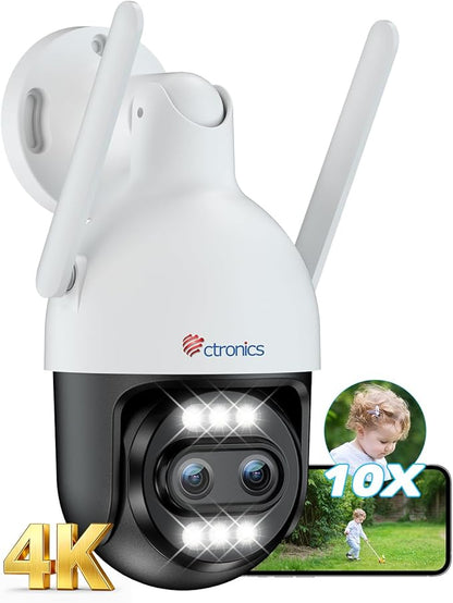 Ctronics [10X Hybrid Zoom 4K 8MP Security Camera Outdoor Metal, Dual-Lens, Auto Tracking & Zoom, 2.4/5GHz WiFi, AI Human/Vehicle/Animal Detection, 256GB TF/Cloud/FTP/NVR, Color Night Vision, IP66