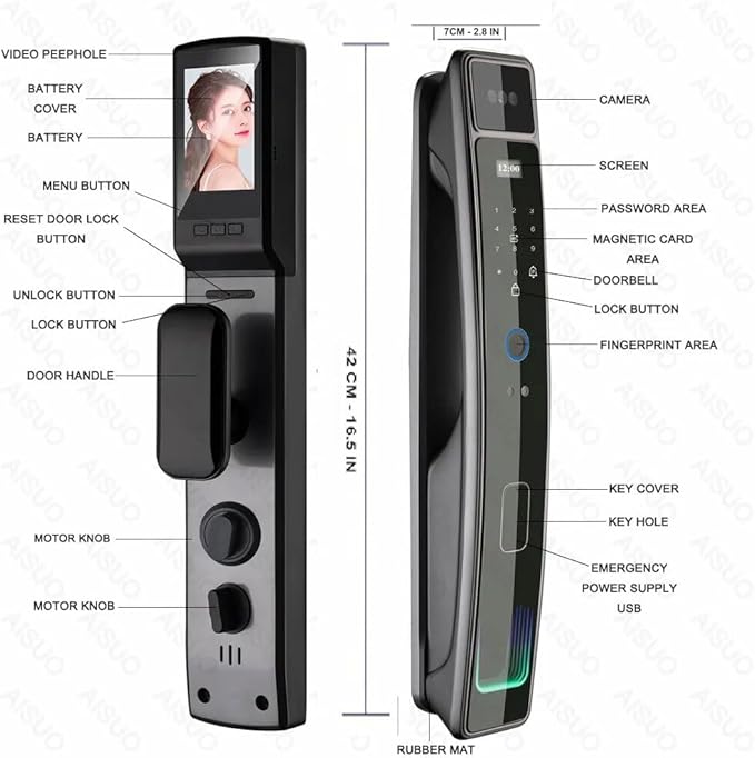 Smart Door Lock with Camera & 3D Face Recognition, Keyless Entry Door Lock with Fingerprint, Password, IC Card, Key, Usmart App Control, Video Doorbell Lock, Mortise Lock for Front Door, Home Security