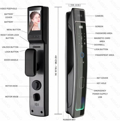 Smart Door Lock with Camera & 3D Face Recognition, Keyless Entry Door Lock with Fingerprint, Password, IC Card, Key, Usmart App Control, Video Doorbell Lock, Mortise Lock for Front Door, Home Security