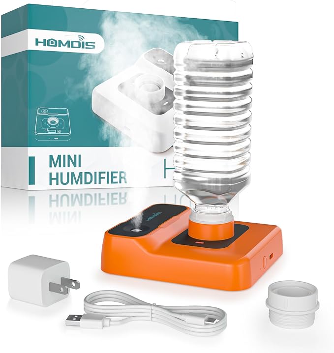 Travel Humidifier, Portable Humidifier for Plants, Bedroom, Office, Hotel or Car, 5000mAh Battery Operated Mini Cool Mist Humidifiers, Quiet 23dB, Auto-off, Night Light & BPA-Free, Orange-Red