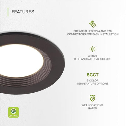 ASD 6 Pack Bronze 4 Inch Retrofit LED Recessed Light - 9W 2700K-5000K 700LM Retrofit LED Recessed Lighting 4 Inch, Dimmable Bronze Recessed Lights, Wet Rated Baffle Trim Can Lights, UL