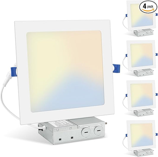 HONZIN 4 Pack 8 Inch Square LED Recessed Lighting, Ultra-Thin Canless Ceiling Light, 5CCT Selectable 2700K/3000K/3500K/4000K/5000K, 20W Dimmable, IC Rated with Junction Box, White Trim