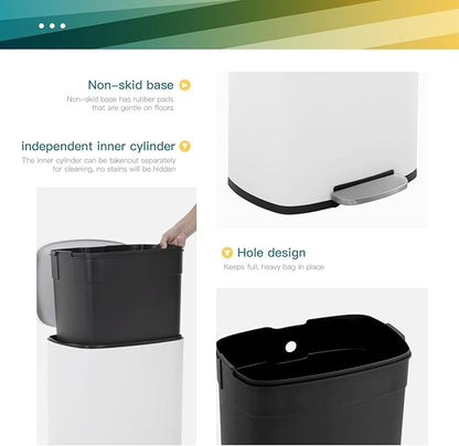 FDW | 13 Gallon Trash Can with Lid | White | Fingerprint-Proof | Made of Brushed Stainless Steel | Soft-Close Step Pedal | Hands-Free Use | Easy to Clean | for Kitchen, Office, Bathroom
