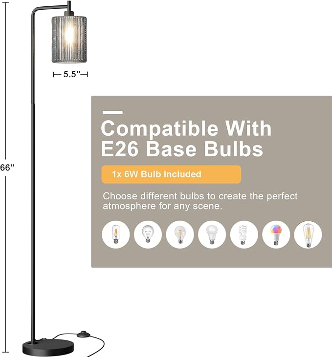 Oneach 66" Black Floor Lamp for Living Room, Boho Floor Lamp with LED Bulb, Foot Switch, Gray Rattan Shade, Industrial Tall Farmhouse Standing Lamp for Bedroom, Dining Room, Study Room, Office