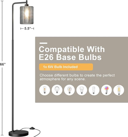 Oneach 66" Black Floor Lamp for Living Room, Boho Floor Lamp with LED Bulb, Foot Switch, Gray Rattan Shade, Industrial Tall Farmhouse Standing Lamp for Bedroom, Dining Room, Study Room, Office