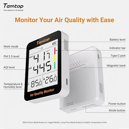 Temtop Air Quality Monitor with Indoor Thermometer & Thermo-Hygrometer – PM2.5, AQI, Temperature and Humidity Meter for Home, Office, Nursery, School, 60-Day Battery Life