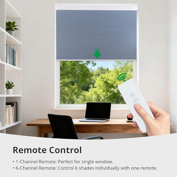 Motorized Cellular Shades with Remote Blackout Honeycomb Smart Blinds Options for Indoor Windows, Remote/Alexa/Matter Compatible, Easy DIY Installation (Light Blue Gray)