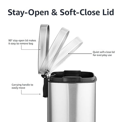 Amazon Basics MINI Trash Can, 1.32 Gallon (5L) Smudge Resistant Rectangular Bin with Soft-Close Lid, Step Foot Pedal, Removable Inner Bucket, Brushed Stainless Steel, for Bathroom, Satin Nickel Finish