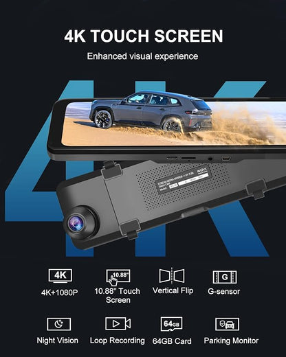 4K Mirror Dash Cam, 11" Rear View Mirror Dash Camera Front and Rear with Touch Screen,Backup Camera for Car RV Truck, Night Vision, Free 64GB Card, WDR, G-Sensor and Parking Assistance