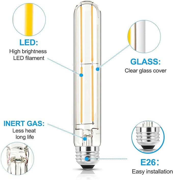 7.3 Inch E26 Led Bulb 6W Dimmable, 5000K Daylight Edison Bulbs 800LM, Equal 80 Watt Tubular T10 T9 Long Clear Glass Light Bulb for Rustic Pendant Industrial Pipe Wall Sconces - 6Pack