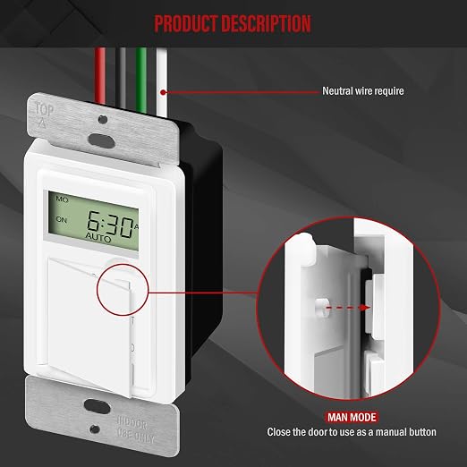 ENERLITES - HET01-C-W Programmable Digital Timer Switch for Lights, Fans, Motors, 7-Day18 ON/OFF Timer Settings, Single Pole, Neutral Wire Required, UL Listed, HET01-C, White | UL Listed, Digital In-Wall Switch Timer with 18 ON/OFF Settings, Neutral Re...