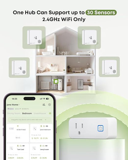 MOCREO Room Thermometer Indoor Humidity Monitor, Smart Plug Hub + 3 Sensors | Wi-Fi hygrometer with app, email and audible alerts; 2-year history and CSV export; bedroom, basement, nursery, cabin