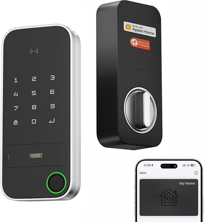 ThorBolt X1 Apple Home Key Tap to Unlock, iOS ONLY Fingerprint Keyless Entry HomeKit Door Lock, Keypad Deadbolt Lock Works with HomeKit Over Thread (Border Router Required), IP65 Weatherproof, Silver