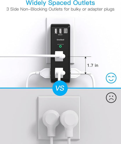 PD20W Surge Protector Outlet Extender - Rotating Plug, One Beat 6 AC Multi Plug Outlet with 3 USB Ports (1 USB C), 1800J Wall Charger, 3-Sided Power Adapter with Spaced Outlet Splitter for Home Office