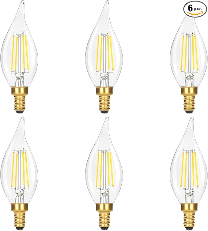 GoBright Dimmable E12 Candelabra Bulb 60 watt, 6W 630 LM Dimmable E12 LED Bulb 5000K Daylight White, Vintage Flame Tip LED Chandelier Light Bulbs, 6-Pack