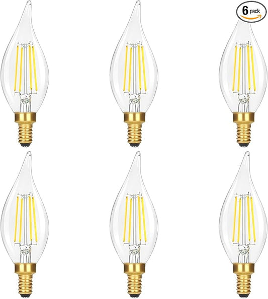 GoBright Dimmable E12 Candelabra Bulb 60 watt, 6W 630 LM Dimmable E12 LED Bulb 5000K Daylight White, Vintage Flame Tip LED Chandelier Light Bulbs, 6-Pack