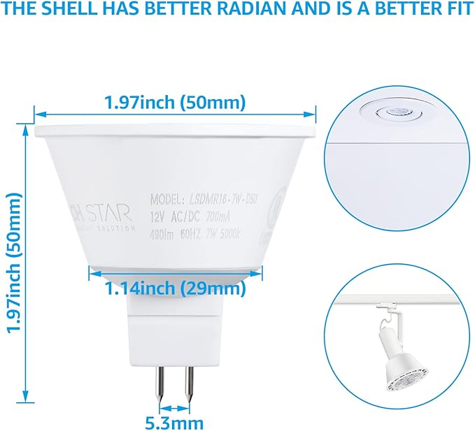 TORCHSTAR MR16 LED Bulb Dimmable, Aluminum, 12V 7W, GU5.3 Bi-Pin Base MR16 LED Spotlight, UL Listed, Spot Light Bulbs for Recessed Track Lighting, 3000K Warm White, Pack of 6