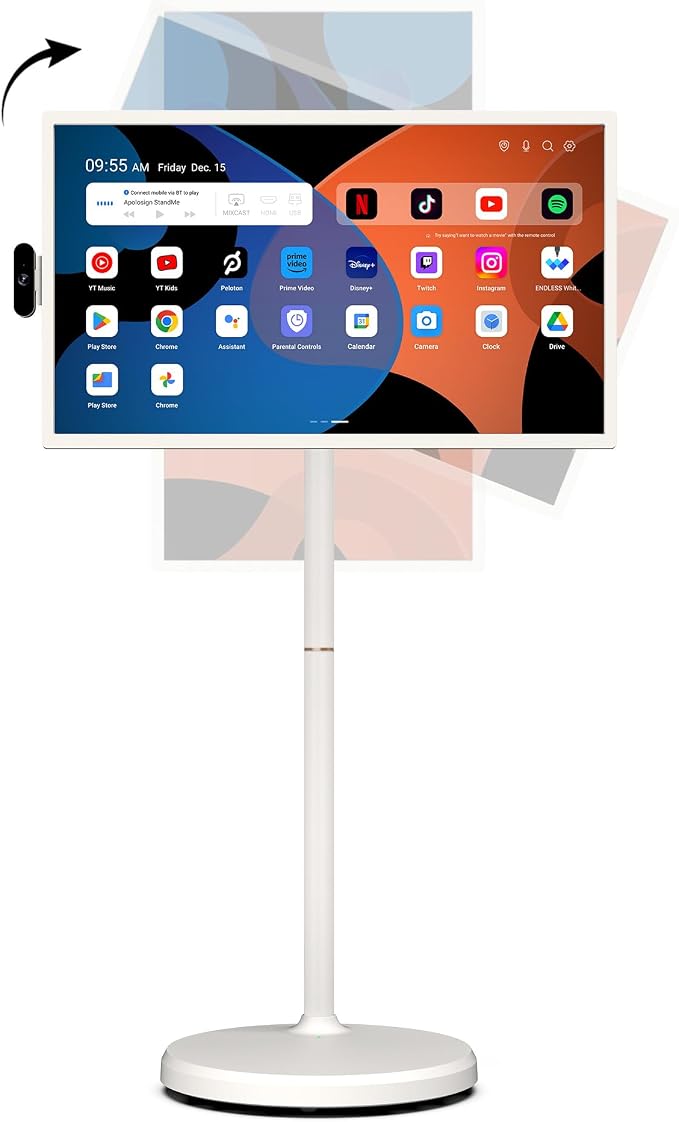 ApoloSign 32 Inch FHD Smart Portable TV on Wheels, Android 16 EDLA Certified, 128GB Storage, Built-in 15000mAh Battery, Voice Remote, Touch Screen TV with Rolling Stand for Home, Office - Gen2