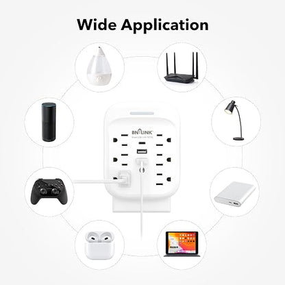 BN-LINK Surge Protector USB Wall 6 Outlet Extender with 3 USB Ports (USB C), Multi Plug Outlet Expander, Electrical Splitter for School, Travel, Office, Home, ETL Listed