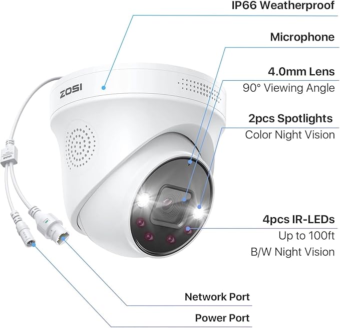 ZOSI 4-Pack 4K 8MP PoE Add-On Security Cameras with Ethernet Cables,Outdoor Indoor Camera with Person Vehicle Detection,Night Vision,2-Way Audio,Only Compatible with Same Brand 4K PoE NVR Systems
