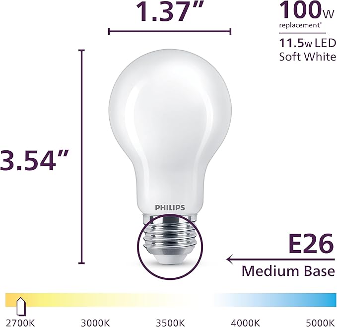 Philips LED 100W A19 8-Pack Ultra Definition (2700K) 1500 Lumen (11.5W = 100W) Dimmable Frosted Flicker-Free Light Bulbs