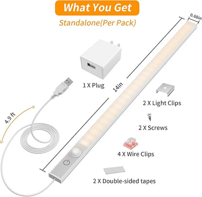 14" Slim USB Plug-in LED Motion Sensor Light Indoor, Bright & Dimmable Under Cabinet Light - 3 Modes (ON/Night/Day) for Kitchen, Cabinet, Closet - 3000K Warm White, 1 Pack (Standalone)