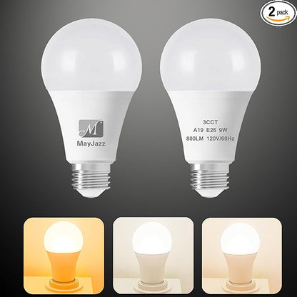 M 3 Color Temperature LED Light Bulb A19 2700K-5000K-4000K,3CCT Color Changing Light Bulbs,Energy Saving 9W(60W Equivalent) LED Bulb,810LM,e 26 Base for Bedroom,Living Room,2 Pack