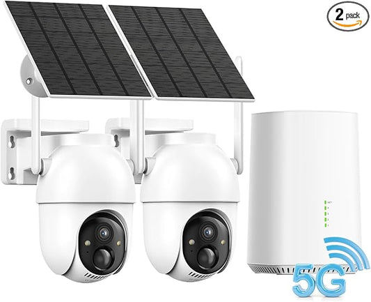 Aume 4MP Solar Security Cameras Wireless Outdoor (2-cam-kit), No Subscription Required, Color Night Vision, 360° PTZ Viewing, Instant Alerts, Support 2.4Ghz &5Ghz WiFi Home Security System for House
