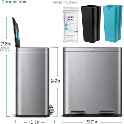 Home Zone Living 16 Gallon Kitchen Trash Can with Dual Compartments for Recycling and CleanAura for Odor Control, Stainless Steel, 60 Liters Total