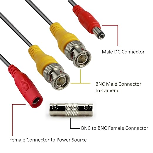 BNC Video Power Cable, 60ft All-in-One Video HD-TVI HD-CVI AHD Analog 1080p Black Premade Power Cable w/Connectors for CCTV Security Cameras - Black